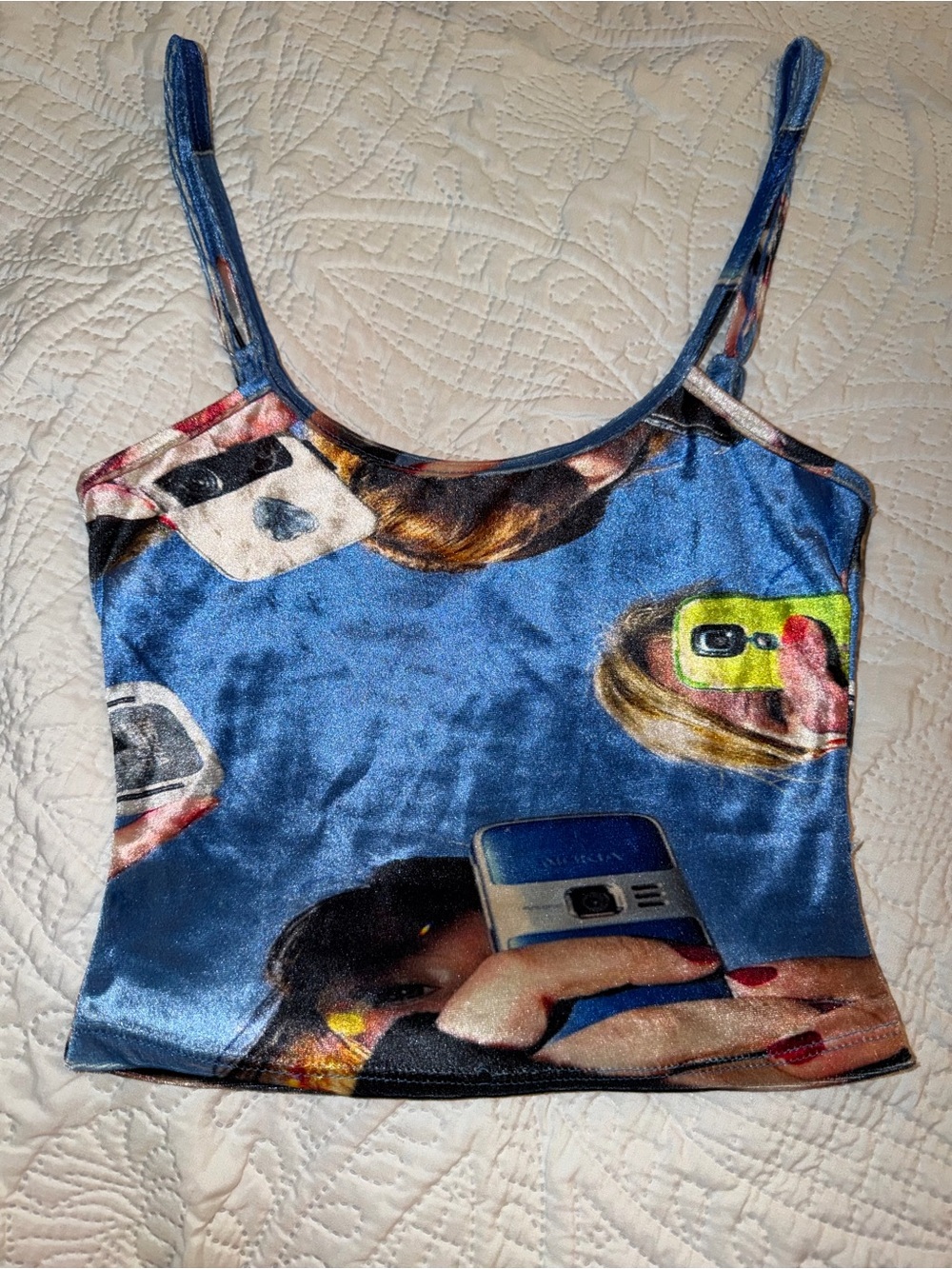 Y2K O-MIGHTY Blue Cellphone Velvet Tank Top